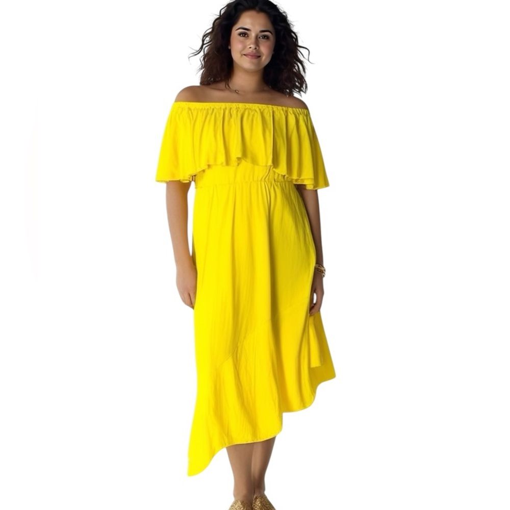 Rebdolls Plus Size 1X Yellow Off-Shoulder Ruffle Maxi Dress Summer Casual